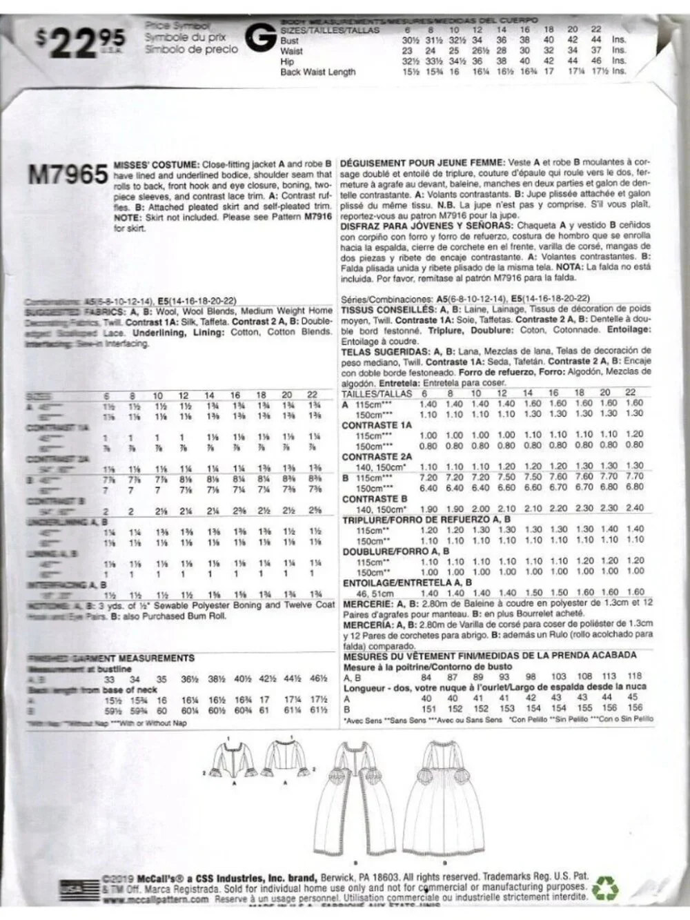 McCalls M7965 Misses 6 to 14 Historical Costume Renaissance Dress Sewing Pattern